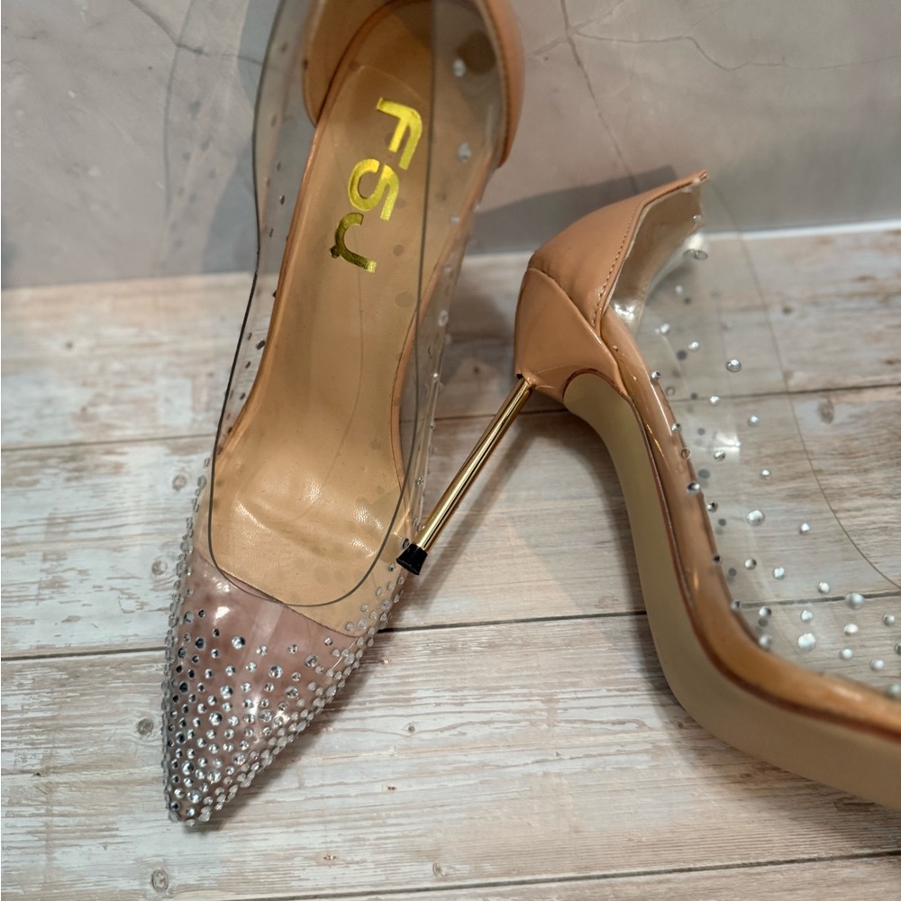 FSJ Cream and Tan Stiletto Heels with Sparkling Embellishments